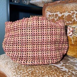 Woven Genuine Leather Tote Bag Pink Tan Multicolor Boho Shoulder Bag